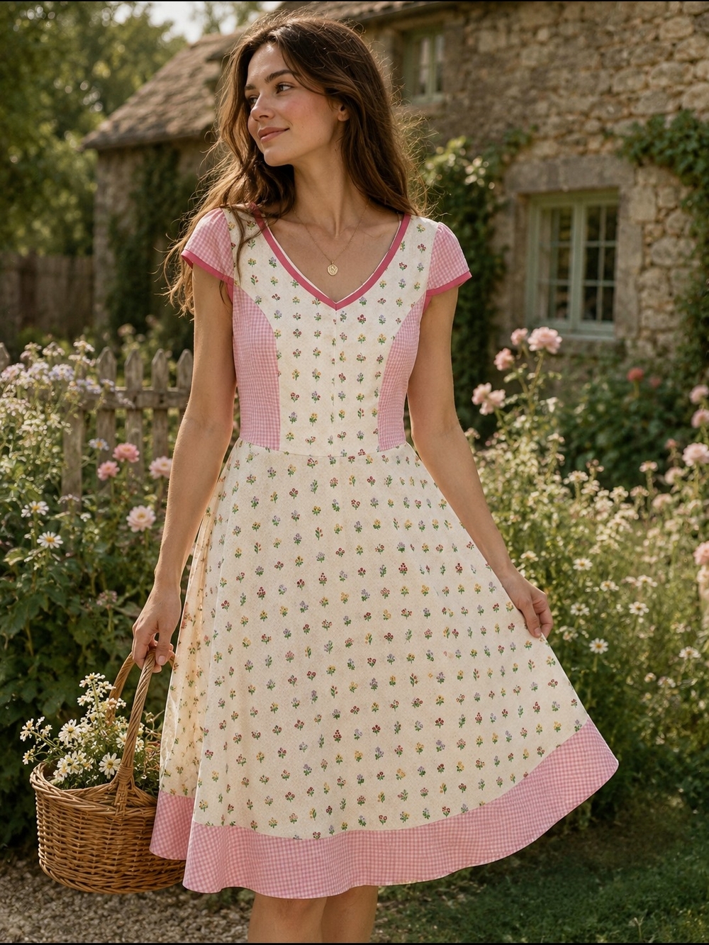 Vintage CottageCore Gingham Floral Dress Cream Pink V-Neck A-Line